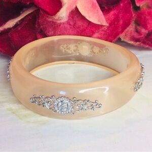 Vintage MCM Peach Lucite Moonglow Silver Filigree Bangle Bracelet